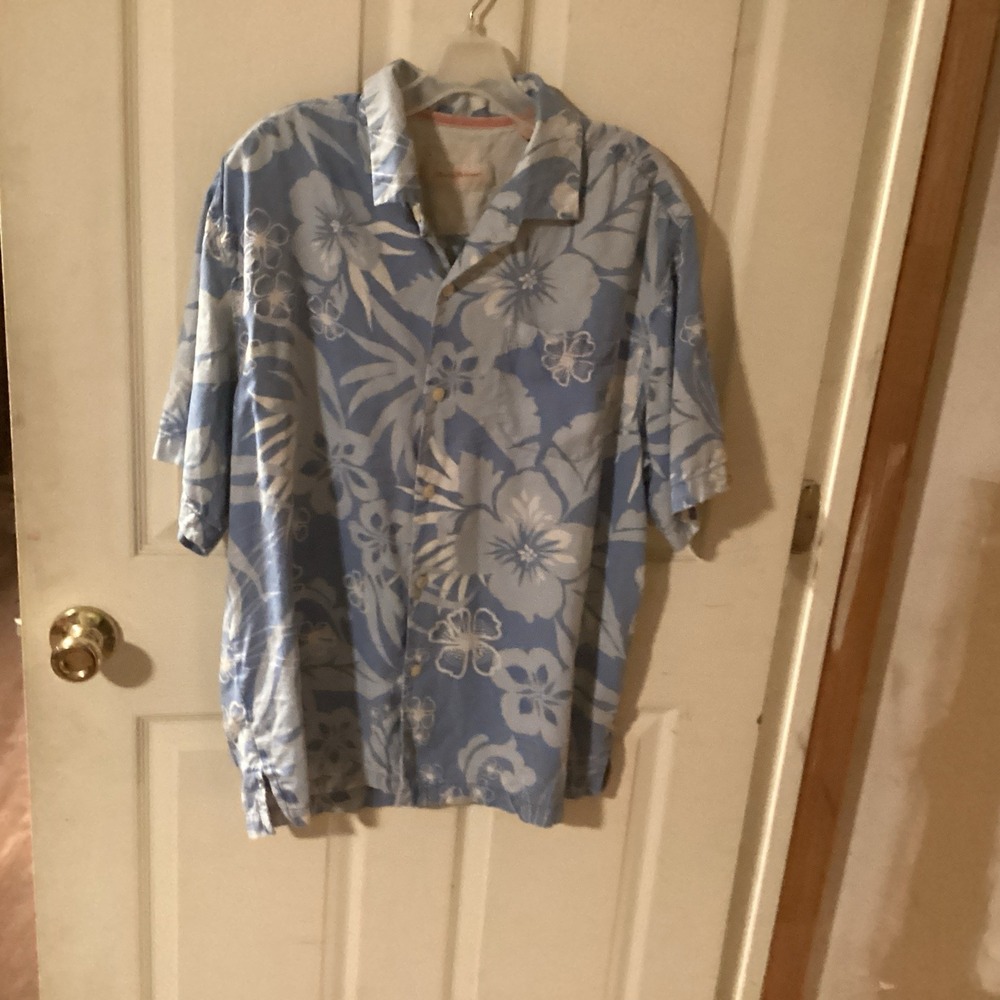 TOMMY BAHAMA  RESORT TROPICAL MENS SILK SHIRT FLORAL SHORT SLEEVE BLUE SZ Large